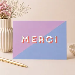 Bow & Hummingbird Bow & Hummingbird Dankeskarte „Merci“ – moderne Danke Karte, Postkarte zum Dankeschön in Rosa Blau mit Neon-Orange – Produktbild 1 von 1