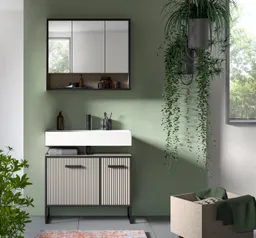 welltime Badezimmer-Set LOCRI, 2-tlg. Badkombination, Breite 80 cm, Rillenoptik, Metallkufen, (2-St., bestehend aus: Waschbeckeunterschrank & Spiegelschrank), Bad-Kombination, Bad-Möbel, Badezimmer, Kombination, Kombi – Produktbild 1 von 1
