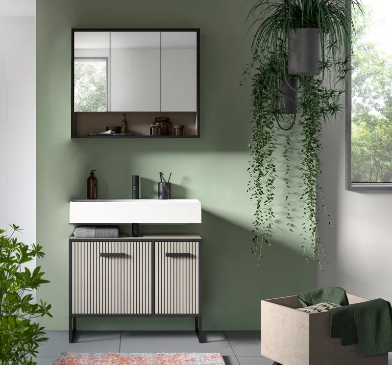 welltime Badezimmer-Set LOCRI, 2-tlg. Badkombination, Breite 80 cm, Rillenoptik, Metallkufen, (2-St., bestehend aus: Waschbeckeunterschrank & Spiegelschrank), Bad-Kombination, Bad-Möbel, Badezimmer, Kombination, Kombi, Beige|schwarz, – Produktbild 1 von 5