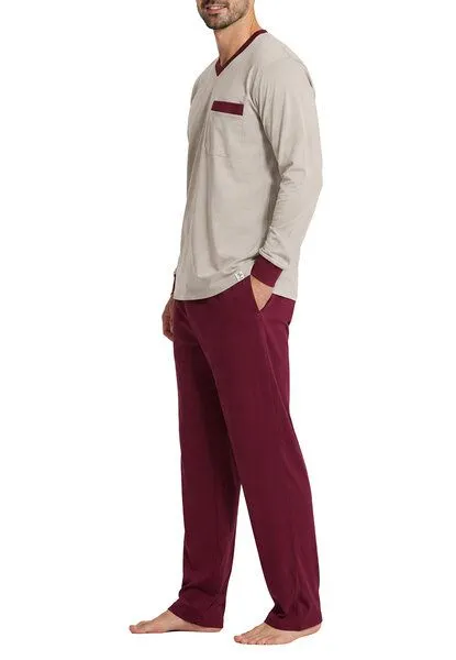 Haasis Bodywear Haasis Bodywear Herren Pyjama V-Ausschnitt, Bio Baumwolle, Sandgrau/merlot, – Produktbild 3 von 3