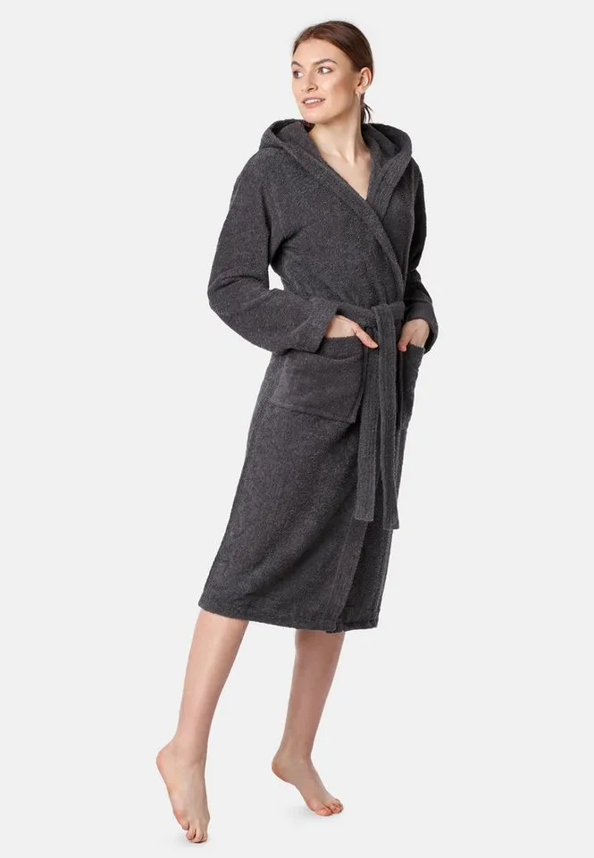 Ladeheid Bademantel Damen Frottee Bademantel aus 100% Bio- Baumwolle LA40-225, Langform, Baumwolle, Kapuze, Grau, – Produktbild 2 von 5