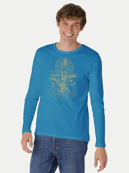 Peaces.bio - handbedruckte Biomode Peaces.bio - handbedruckte Biomode Bio-Herren-Langarmshirt Ganesha, Türkis, – Produktbild 2 von 2