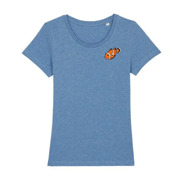Spangeltangel Spangeltangel T-Shirt bedruckt, "Clownfisch", nachhaltig, Biobaumwolle, Brustprint, Damen, Kurzarmshirt, Damenshirt, Frauen, bio, Blau (meliert), – Produktbild 1 von 3