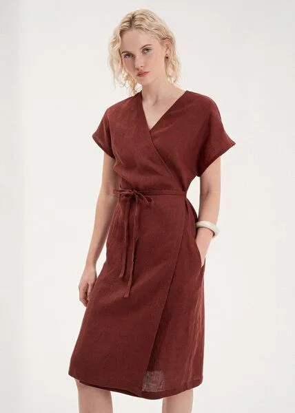 AmourLinen AmourLinen Wickelkleid aus Leinen OLIVIA, Terracotta (rot), – Produktbild 2 von 3