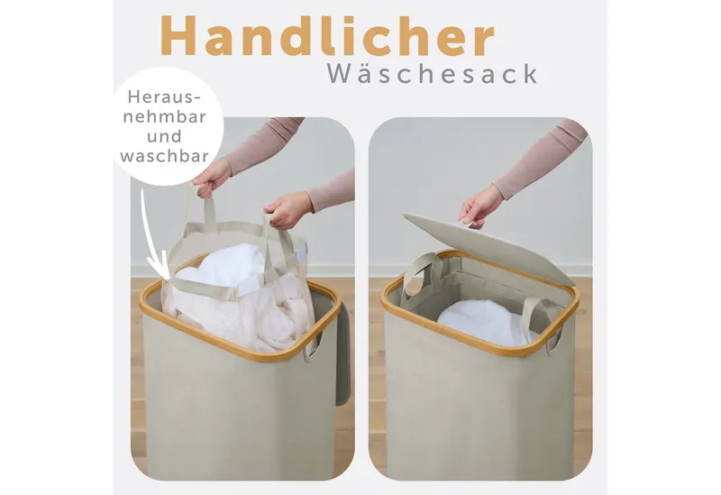Blumtal Wäschekorb 1,2 oder 3 Fächer mit herausnehmbaren Wäschesäcken 100, 140 oder 150L, in drei Größen erhältlich, Beige|braun, – Produktbild 5 von 5