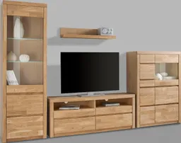 OTTO home Wohnwand Silkeborg: 4-teilig, Breite: 290cm, Griffmulden, Fronten Massivholz, (Set, 4-St., Set besteht aus 1 Vitrine, 1 Lowboard, 1 Wandregal und 1 Highboard), Set besteht aus 1 Vitrine, 1 Lowboard, 1 Wandregal und 1 Highboard – Produktbild 1 von 1