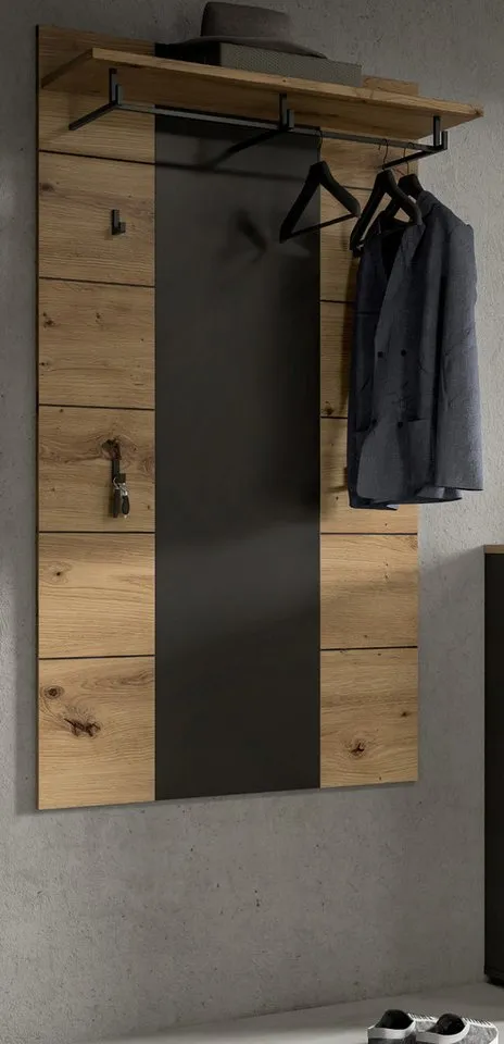 Inn.Furn Garderobenpaneel Cooper (Wandgarderobe in Eiche Artisan und Basalt grau, 80 x 141 cm), mit großer Kleiderstange und 7 Haken, Beige, – Produktbild 4 von 5
