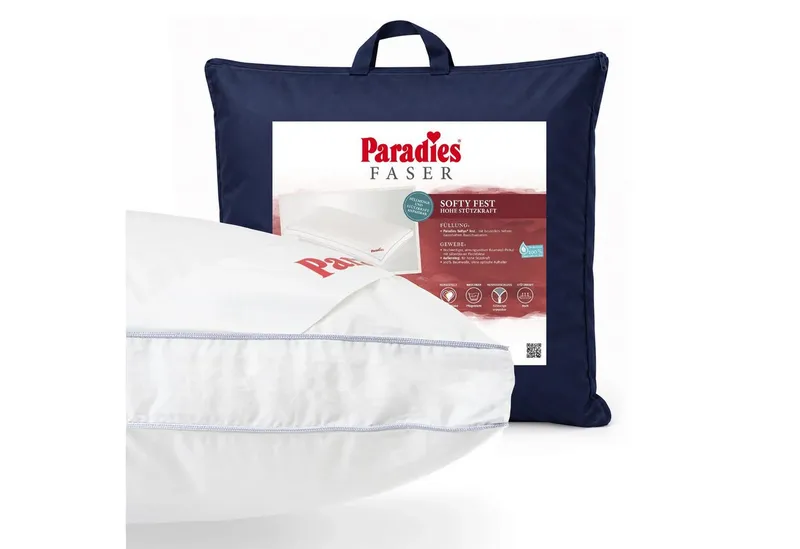 Paradies Paradies Kunstfaserkopfkissen Paradies Kopfkissen Softy fest 80x80 hohes Bauschvolumen Außensteg, Füllung: Paradies Softys, Bezug: 100% Bio Baumwolle, Seitenschläfer, Bauchschläfer, Rückenschläfer, Weiß, – Produktbild 1 von 5