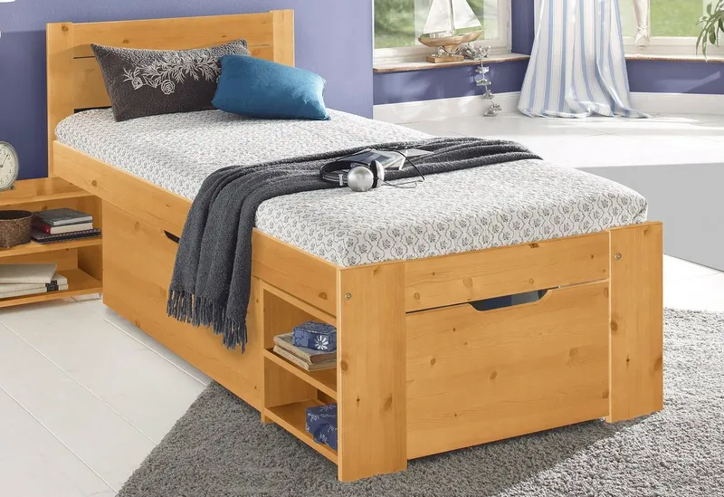 OTTO home Massivholzbett "HANNES " mit Schubladen und Regalen, Nachtschrank ausziehbar, stabil, FSC®-zertifiziertes Kiefernholz, ideal für kleine Räume, Beige, – Produktbild 2 von 4
