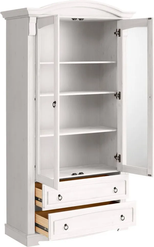 OTTO home Glasvitrine Anna, Standvitrine, Vitrinenschrank, Vitrine (Gesamtmaße (B/T/H): ca. 97/46/188 cm) mit Glastüren, 2 Schubladen, Höhe 188 cm, aus massiver Kiefer, FSC®, Weiß, – Produktbild 5 von 5