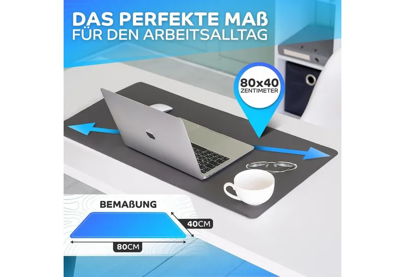 MAXLVL Gaming Mauspad Schreibtischunterlage - Mauspad mit Vernähte Kanten - abwaschbar (80x40 cm, Schreibtisch Unterlage für Büro), Tischunterlage Schreibtisch aus PU-Leder, Grau, – Produktbild 5 von 8