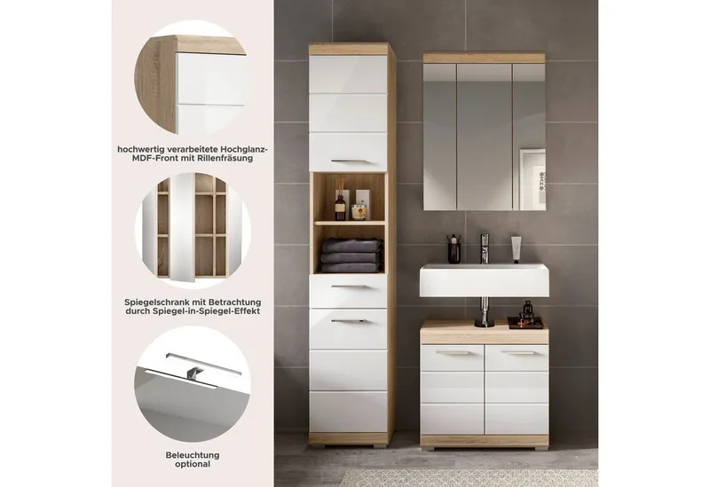 welltime Badmöbel-Set SIENA, 3 teilig, bestehend aus:, (Set, 3-St., TOPSELLER), Hochschrank, Waschbeckenunterschrank, Spiegelschrank, Weiß, – Produktbild 3 von 4