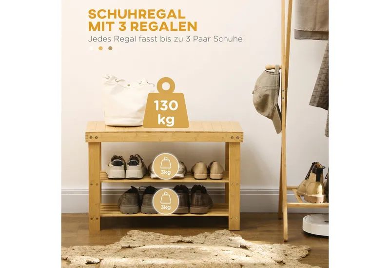 HOMCOM HOMCOM Schuhbank Sitzfläche und Stauraum, 2 Ablagen Flurbank für Wohnzimmer (Schuhregal aus Bambus, 1-St., Sitzbank), für Flur, Eingangsbereich, 70 x 28 x 45 cm, Beige, – Produktbild 4 von 5
