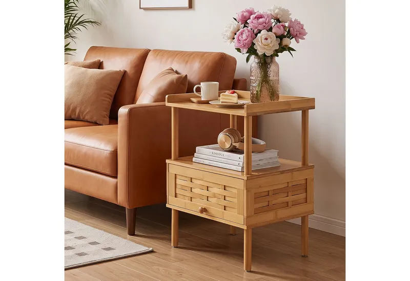 COSTWAY COSTWAY Nachttisch, Nachtkommode Bambus, Nachtschrank für Wohnzimmer, Beige, – Produktbild 3 von 4