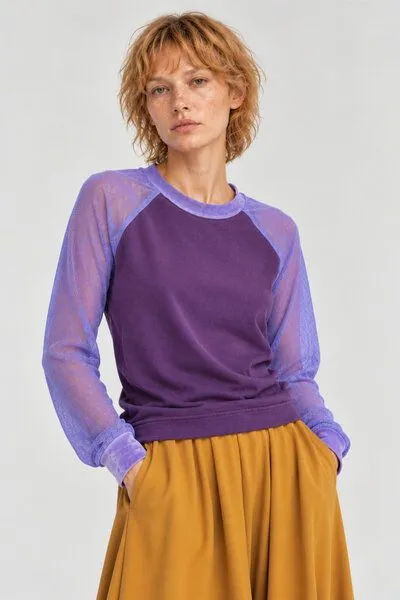 ein garten Studios ein garten Studios Basic Raglan Mesh Shirt – Longsleeve aus Bio-Bambus mit transparenten Ärmeln, Purple, – Produktbild 1 von 1