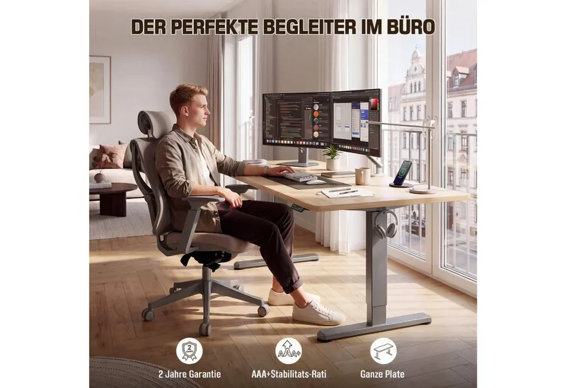 HOMALL Schreibtisch Höhenverstellbarer Elektrisch mit 25mm starker einteiliger Tischplatte (25 mm dicke, nahtlose, monolithische Tischplatten Keine gespleilten Platten Vielseitig und hochwertig Erinnerung bei langerem Stehen), Beige, – Produktbild 3 von 5