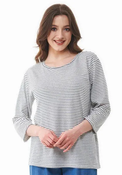 ORGANICATION ORGANICATION 3/4 Arm Shirt aus Bio-Baumwolle und Leinen, Off white/navy, – Produktbild 1 von 4