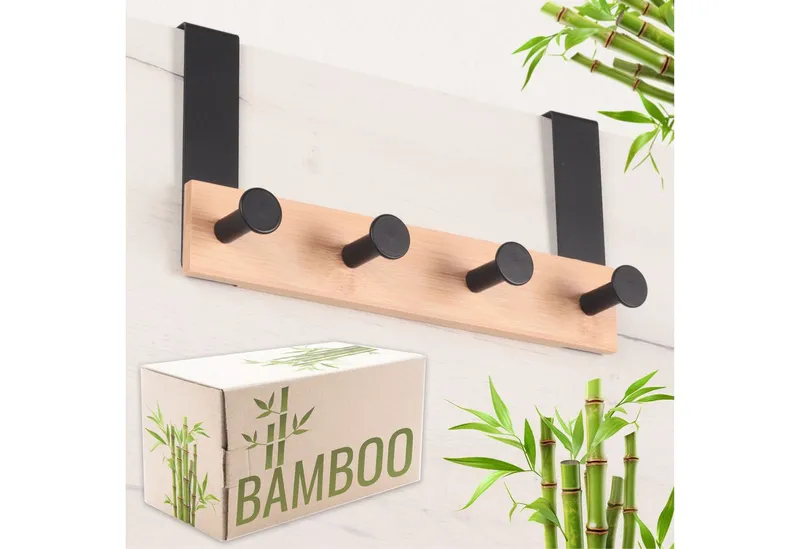 RICOO Garderobenleiste Tür Hakenleiste Hängegarderobe Türhakenleiste aus Bambus Stahl 4 Haken (1-er Set / 1 Stk. / MH029N-4, 1 St., Türgarderobe Garderobenhaken Tür Hakenleiste Platzsparende Garderobe), Garderobe ohne Bohren Kleiderhaken Tür bis max 23mm Türbreite, Braun, – Produktbild 1 von 5