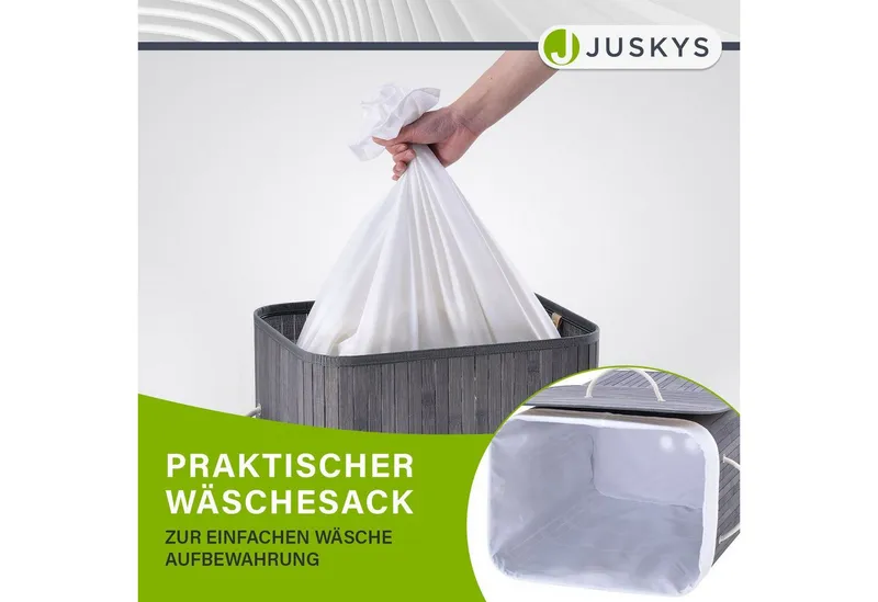Juskys Wäschekorb Curly 72 L in Grau aus Bambus mit Deckel & waschbarem Wäschesack, Wäschesammler für 2 Personen, faltbar mit Griffen, 40 x 30 x 60 cm, Grau, – Produktbild 4 von 5