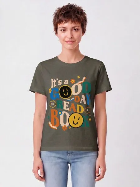 watapparel watapparel T-Shirt Frauen Good day to read a book, Khaki, – Produktbild 2 von 2