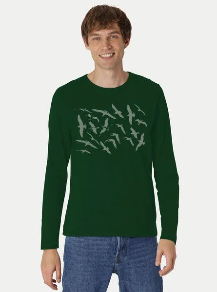 Peaces.bio - handbedruckte Biomode Peaces.bio - handbedruckte Biomode Bio-Herren-Langarmshirt Möwen, Flaschengrün, – Produktbild 2 von 2
