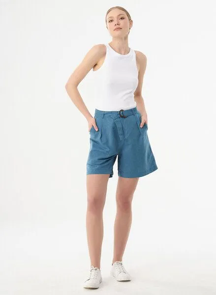 ORGANICATION ORGANICATION Shorts aus Leinengemisch mit Bindegürtel, Petrol blue, – Produktbild 1 von 4
