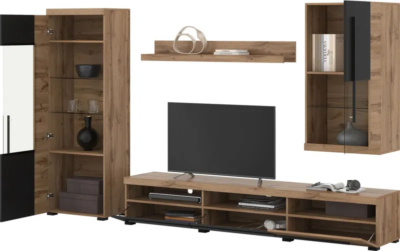 OTTO home Wohnwand Roger,Breite 255 cm moderne Mediawand ohne Beleuchtung, (Set, 4-St), Anbuwand (Set,4-St) viel Stauraum, Glastüren, Beige|schwarz, – Produktbild 5 von 5