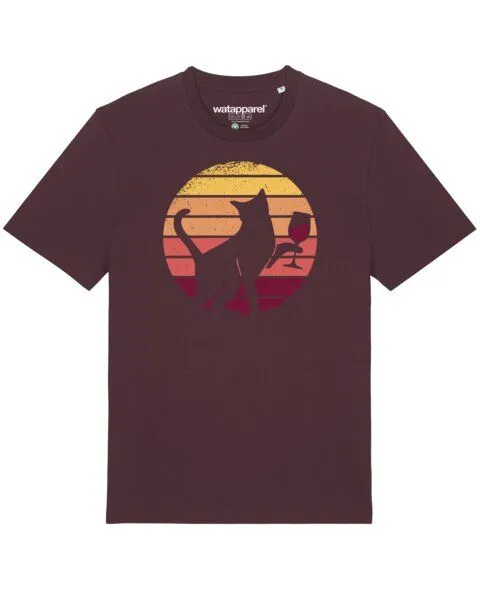 watapparel watapparel T-Shirt Unisex Sunset Katze & Rotwein, Red brown, – Produktbild 1 von 4