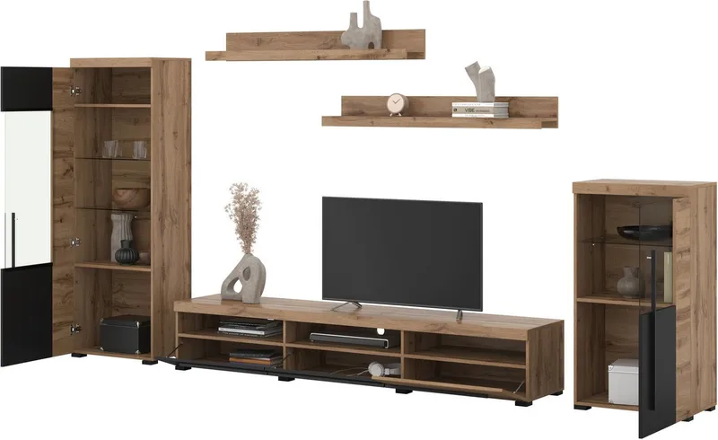 OTTO home Wohnwand Roger,Breite 270 cm moderne Mediawand ohne Beleuchtung, (Set, 5-St), Anbuwand (Set,5-St) viel Stauraum, Vitrinen mit Glastür, Beige|schwarz, – Produktbild 5 von 5