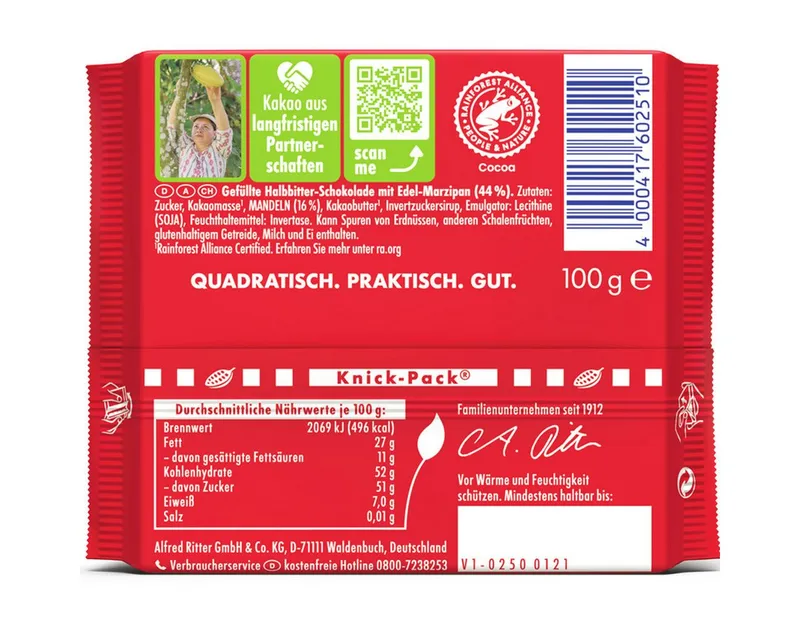 Ritter Sport Ritter Sport Schokolade, Ritter Sport Marzipan Halbbitter Schokolade mit Edel Marzipan 100g – Produktbild 2 von 5