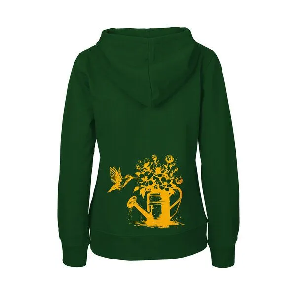 HANDGEDRUCKT HANDGEDRUCKT "Gartenfreude" Frauen Zip-HOODY aus reiner Biobaumwolle (kbA), Bottlegreen, – Produktbild 1 von 4