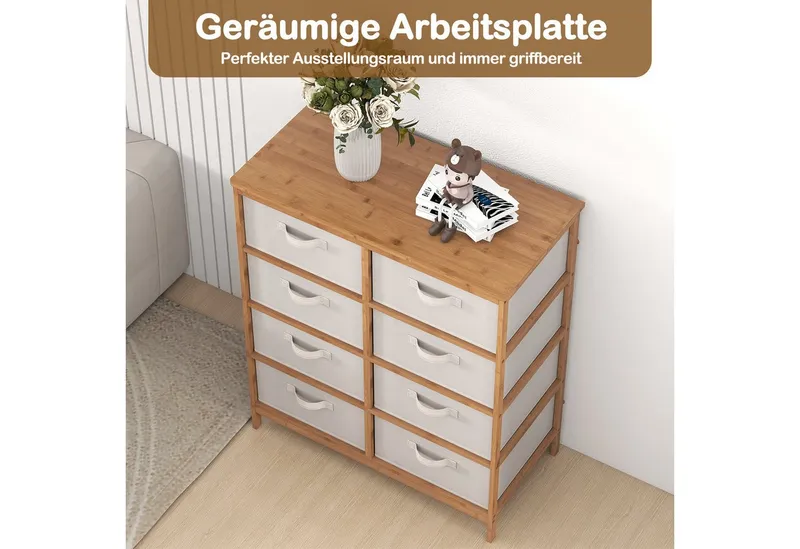 COSTWAY COSTWAY Sideboard, mit 8 abnehmbaren Stoffschubladen Bambus 80x40x94cm, Beige, – Produktbild 3 von 5