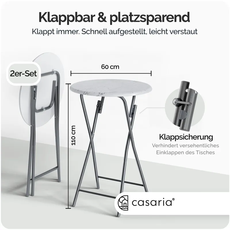 Casaria® Stehtisch 2er-Set klappbar Ø60cm Marmoroptik Weiß 110cm Höhe – Produktbild 2 von 2