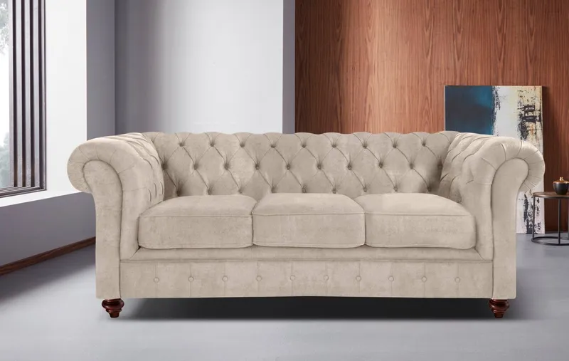 OTTO home Chesterfield-Sofa Chesterfield 3-Sitzer B/T/H: 198/89/74 cm, mit hochwertiger Knopfheftung, auch in Leder, Beige, – Produktbild 4 von 5