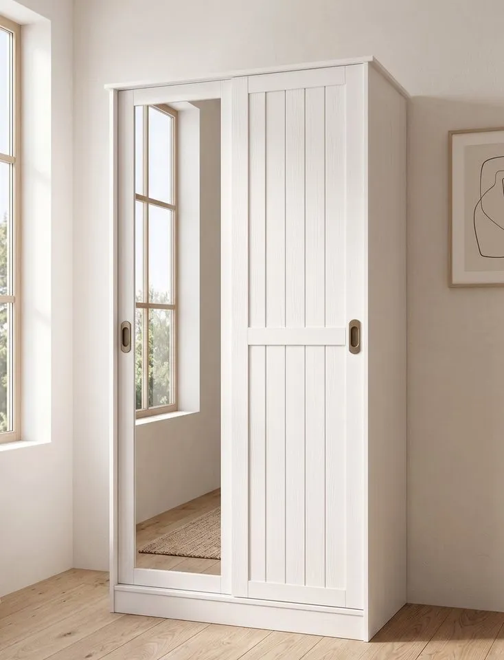 OTTO home Garderobenschrank Malmö Mehrzweckschrank mit Schiebetüren und Spiegel (B/T/H: 93/37/184 cm) aus massiver FSC®-zertifizierter Kiefer, B/T/H 93/37/187 cm, Weiß, – Produktbild 2 von 5