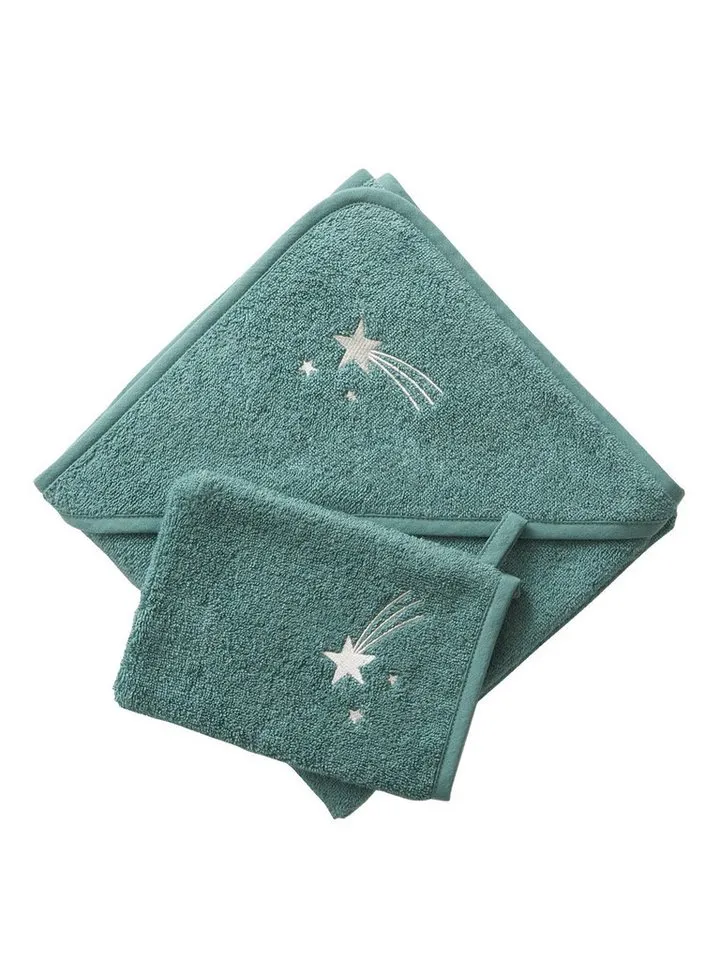 Vertbaudet Vertbaudet Kapuzenhandtuch Baby Kapuzenbadetuch & Waschhandschuh, Blau, – Produktbild 2 von 2