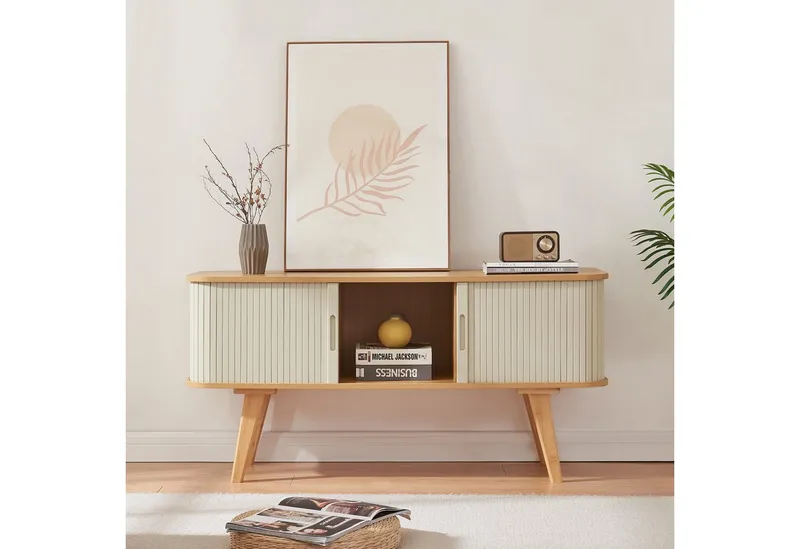 en.casa TV-Schrank »Tysvær« mit 2 Schiebetüren 120 x 40 x 58 cm Bambus/Cremeweiß, Beige, – Produktbild 3 von 5