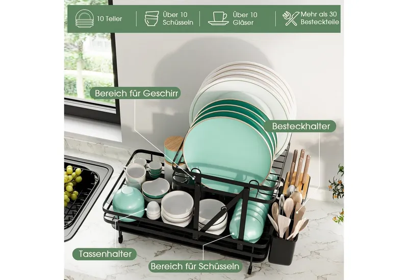 COSTWAY COSTWAY Geschirrständer, mit Utensilienhalter & 360° Auslauf, klappbar, Schwarz, – Produktbild 2 von 5