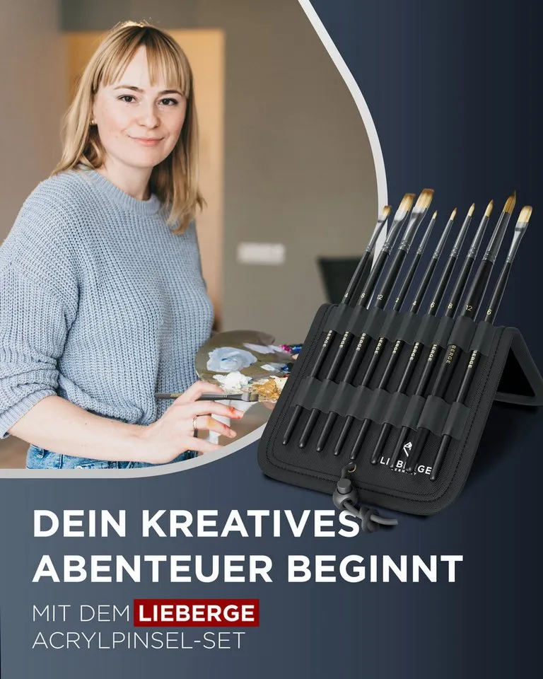 LIEBERGE Malpinsel Premium Set Acryl – 9 Acrylpinsel, inkl. Präsenter, (Set, 9 St., Pinselpräsenter, Flachpinsel, Rundpinsel, Katzenzungenpinsel), Synthetikhaar, vegan, langlabig, hohe Farbaufnahme, Anfänger, Profis, Schwarz, – Produktbild 2 von 5