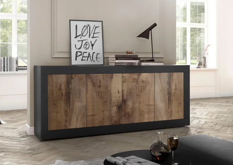 Home affaire Sideboard Basic Breite 207 cm, Kommode 4 Türen, Anrichte, Metallgriff, moderne Rahmenoptik, viel Stauraum, Farbauswahl, Schwarz, – Produktbild 2 von 5