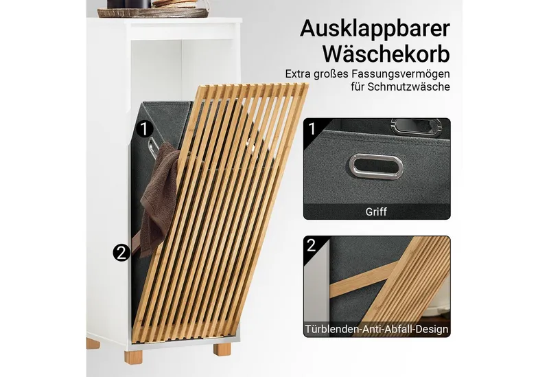 SoBuy Wäscheschrank BZR126, Badezimmerschrank mit Wäschekorb Badmöbel Badezimmer Badschrank mit Wäschesack Wäschetruhe Wäschesammler Wäschekorb, Weiß, – Produktbild 5 von 5