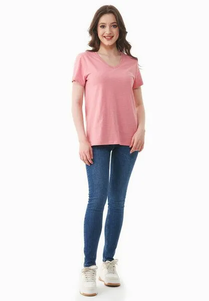 ORGANICATION ORGANICATION Damen Basic T-Shirt aus Bio-Baumwolle mit V-Ausschnitt, Flamingo pink, – Produktbild 2 von 4