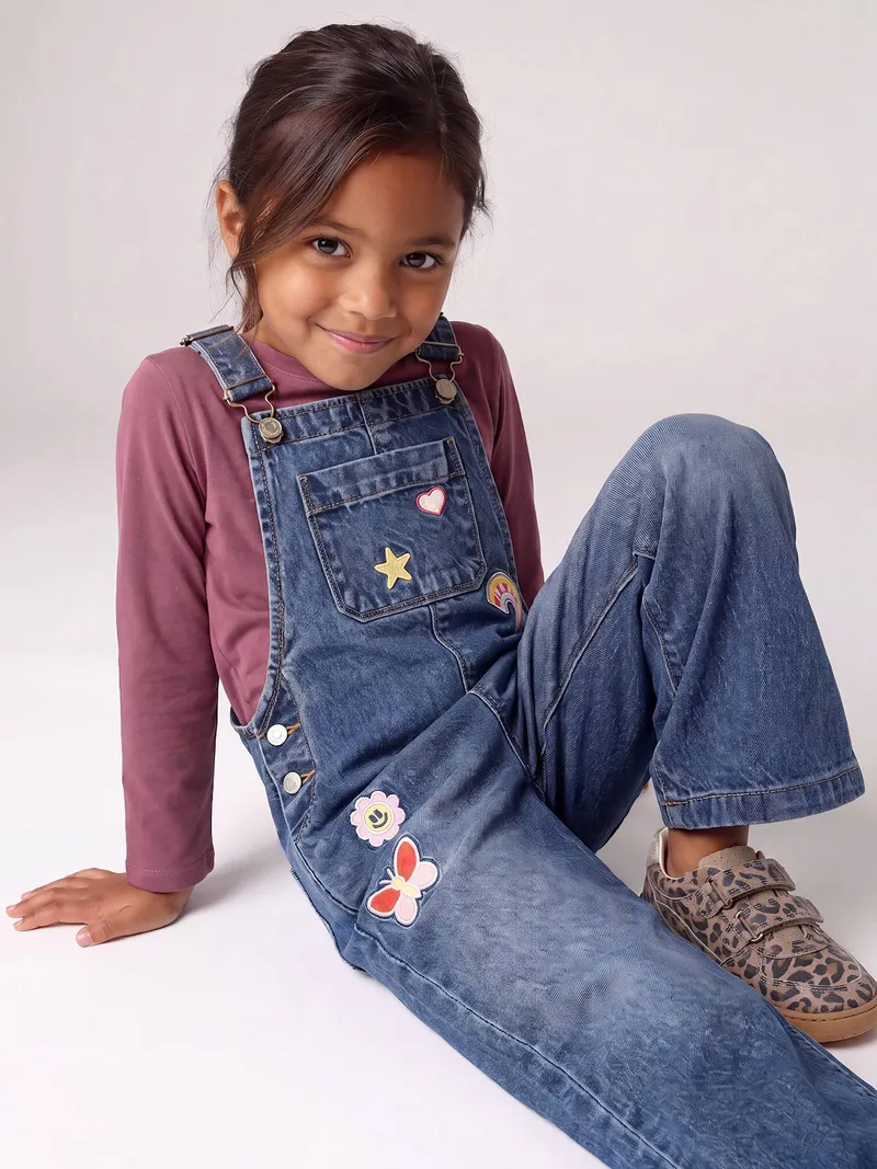 Vertbaudet Mädchen Jeans-Latzhose mit weitem Bein mittel, Mittelblau, – Produktbild 2 von 4