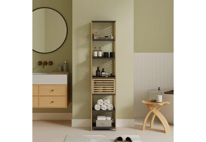 en.casa Badregal, »Kydesby« 170 x 39 x 30 cm 1 Tür 5 offene Fächer Bambus Natur/Grau, Beige|grau, – Produktbild 3 von 5