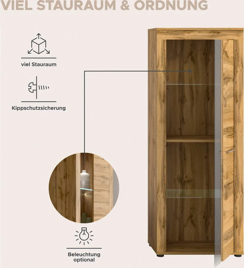 OTTO home Wohnwand AOSTA, Breite 330cm, 4-teilige Wohn-Kombination, (4-St., bestehend aus: Highboard, Lowboard, Wandboard, Vitrine), Wohnwand, Kombination, Anbauwand, Möbel Set, Schrankwand, Möbel Kombi, Braun, – Produktbild 5 von 5