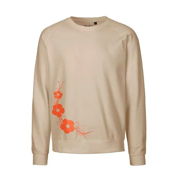 HANDGEDRUCKT HANDGEDRUCKT "Hibisken" Unisex Sweatshirt aus reiner Biobaumwolle (kbA), Sand, – Produktbild 1 von 2