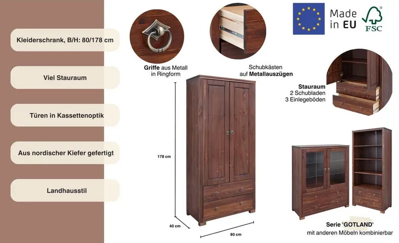 OTTO home Kleiderschrank Gotland, Wäscheschrank, Mehrzweckschrank mit Schubladen, Landhausstil (B/H/T ca: 80cmx178cmx40cm) massive Kiefer, FSC® zertifiziert, langlebige Qualität trifft Stil, Braun, – Produktbild 3 von 5