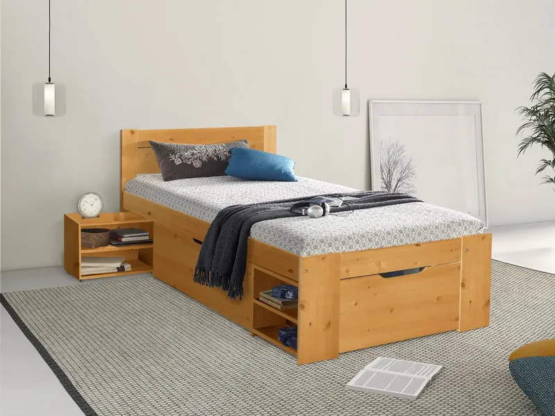 OTTO home Massivholzbett "HANNES " mit Schubladen und Regalen, Nachtschrank ausziehbar, stabil, FSC®-zertifiziertes Kiefernholz, ideal für kleine Räume, Beige, – Produktbild 1 von 4
