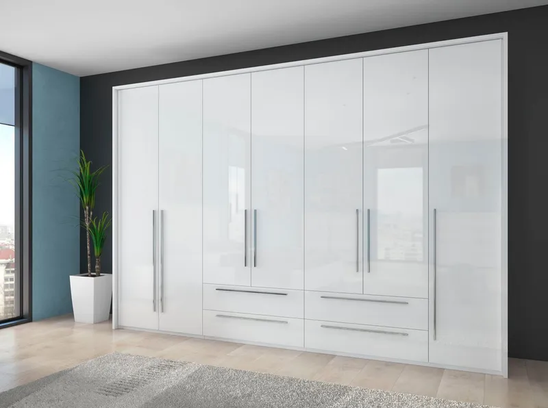 OTTO home Drehtürenschrank Piano, inklusive Rahmen und Beleuchtung, soft-close-Funktion (277 oder 322cm breit, 226cm hoch, mit 4 Schubladen) UV lackiert, hochglänzend weiß oder beige, FSC-zertifiziert, Weiß, – Produktbild 6 von 8