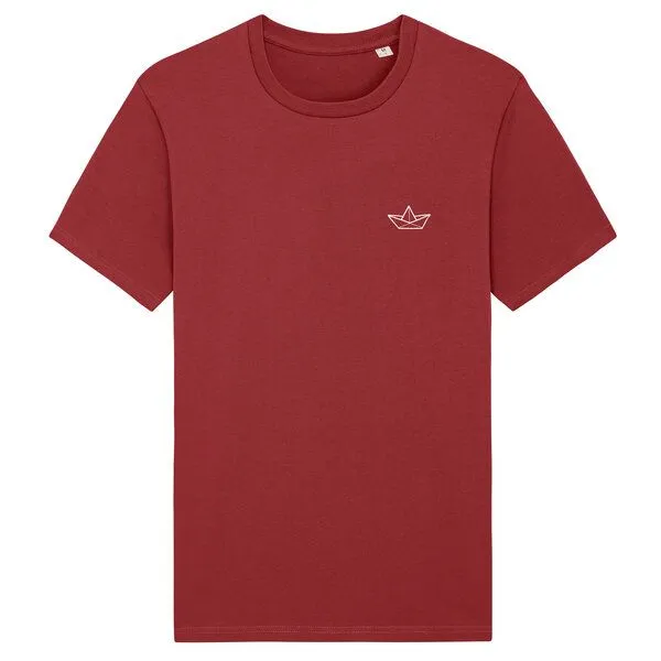 Spangeltangel Spangeltangel T-Shirt "Papierboot", Männershirt, Herrenshirt, bedruckt, Biobaumwolle, Unisex, Weinrot, – Produktbild 1 von 3